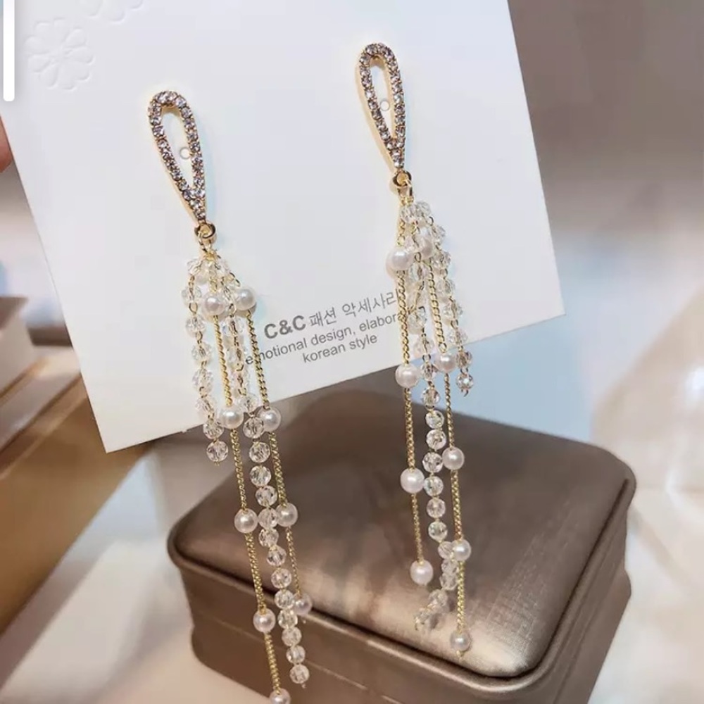 NEW Pearl Crystal Super Fairy Tassel Long Earrings